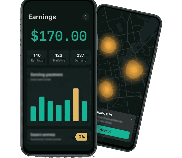 The Meshwar driver app: today's earnings and an incoming trip offer, with demand hotspots on the map behind.