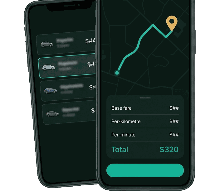 The Meshwar rider app: the itemised fare for a trip, shown before booking, with the route on the map behind it.