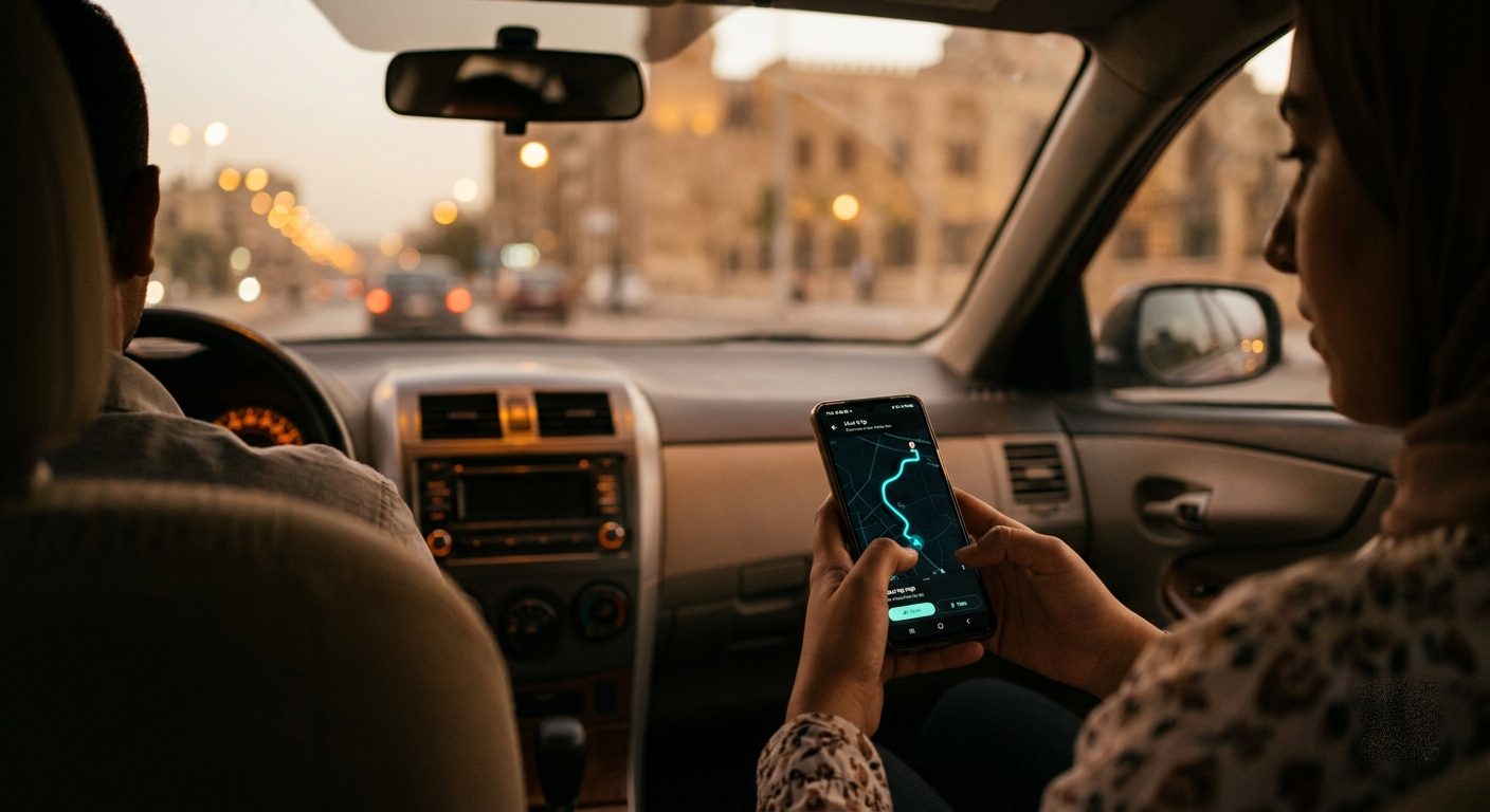 A rider in the back seat of a Meshwar car at dusk in Cairo, phone in hand showing the live trip.